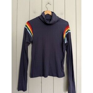 Modcloth Navy Turtleneck Top with Rainbow Shoulder Stripes